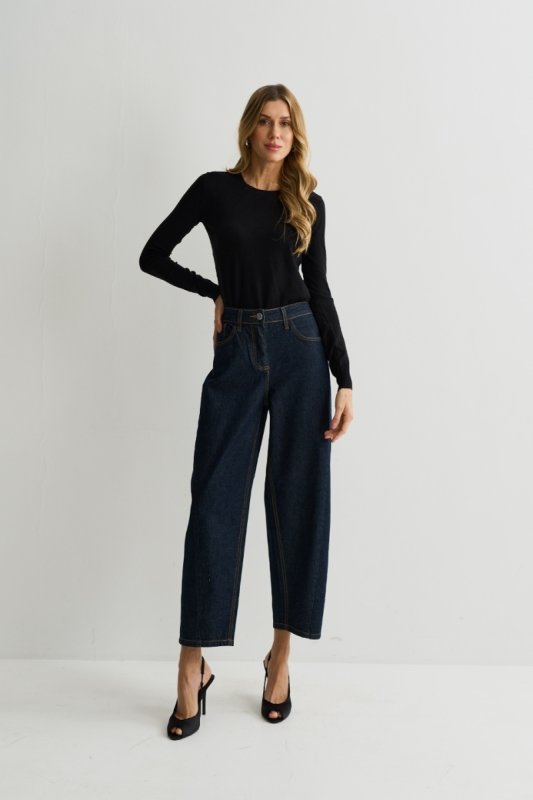 Calça Jeans Escura Barril Recorte Frente