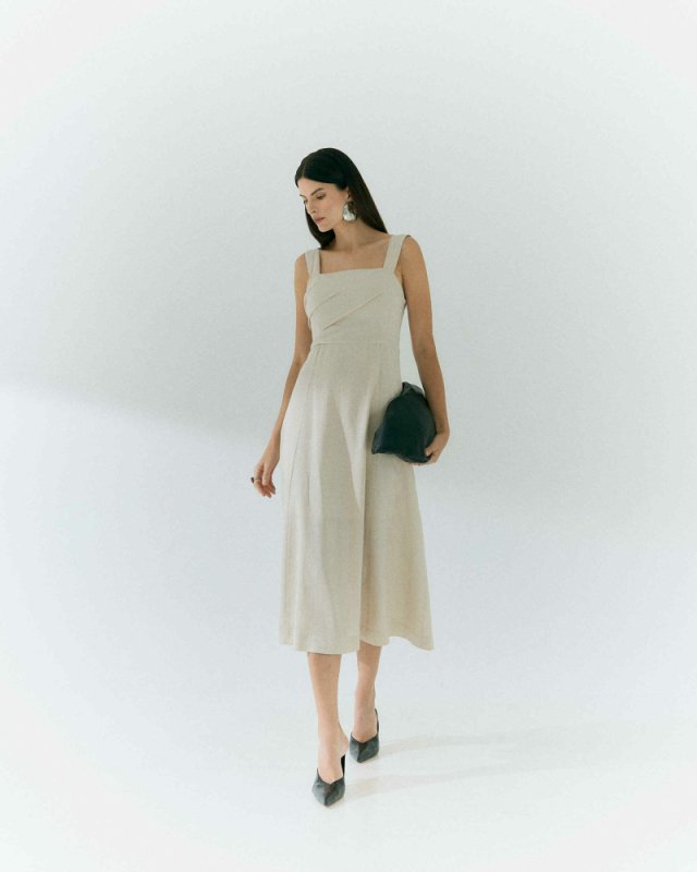 Vestido Midi Viscose Linho Saia Evasê e Pregas Assimétricas