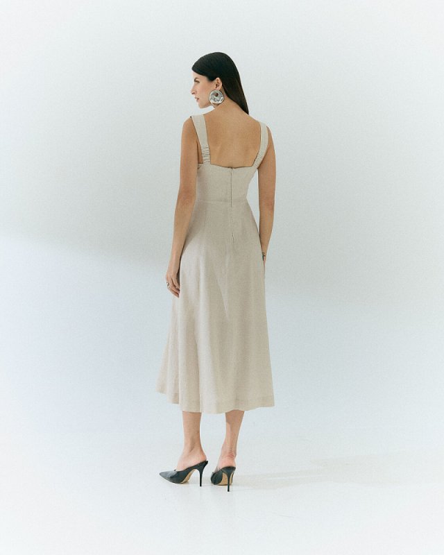 Vestido Midi Viscose Linho Saia Evasê e Pregas Assimétricas
