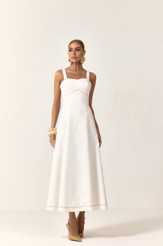 Vestido Midi Alfaiataria Bordado Top Alças e Saia com Recortes