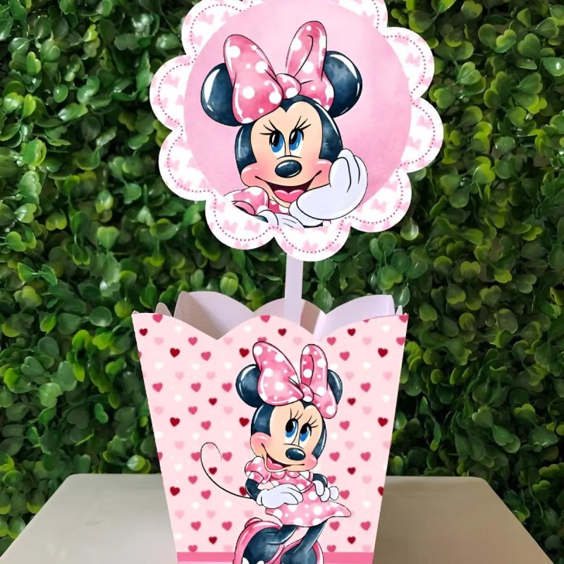 Kit Festa 10 Centro De Mesa Cachepô Aniversário Minnie Rosa