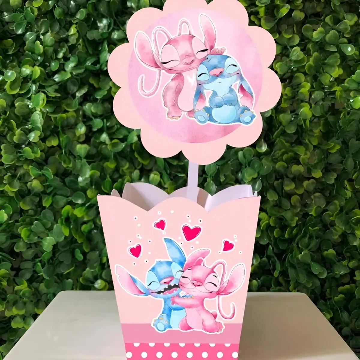 Kit Festa 10 Centro De Mesa Cachepô Aniversário Stitch Angel