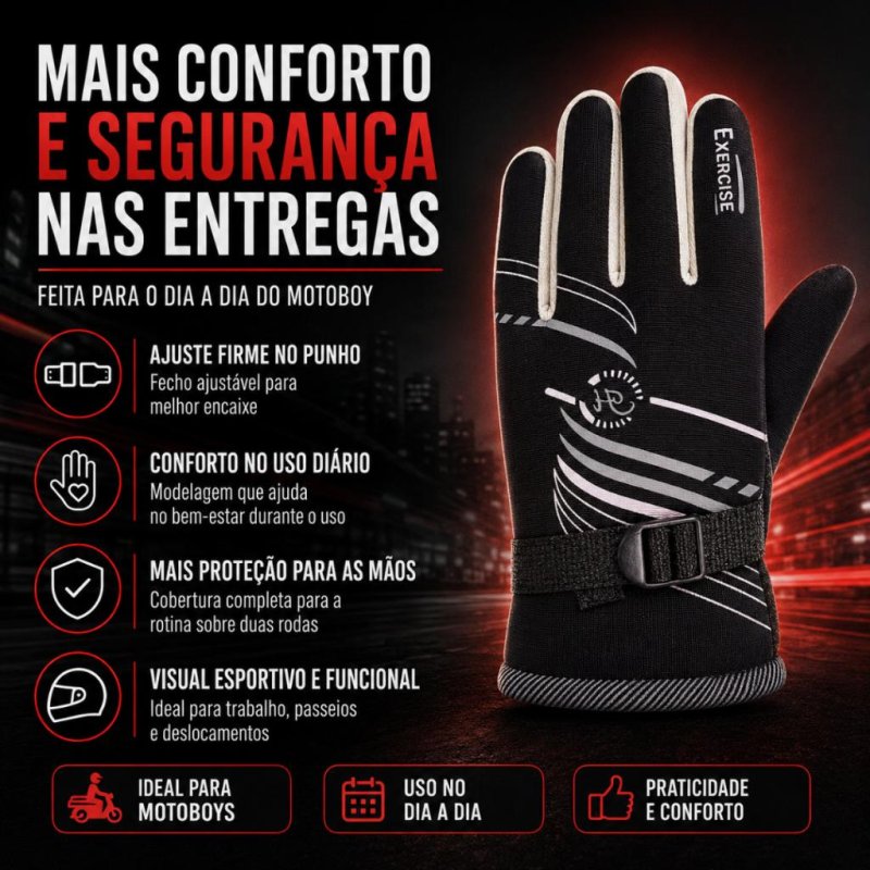 Luva Para Motoboy Motoqueiro Forrada Térmica Frio Inverno Ajustável Confortável Entregador Moto