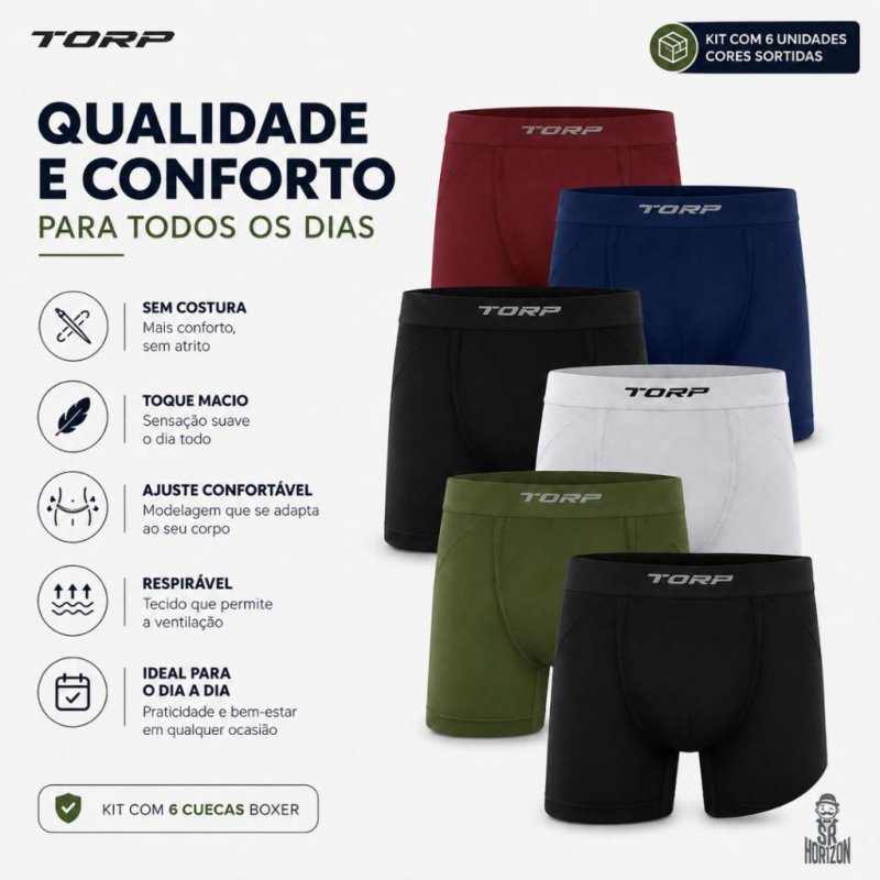 Kit 6 Cuecas Boxer Torp Original Box Sem Costura Premium Confortável Anti Assadura