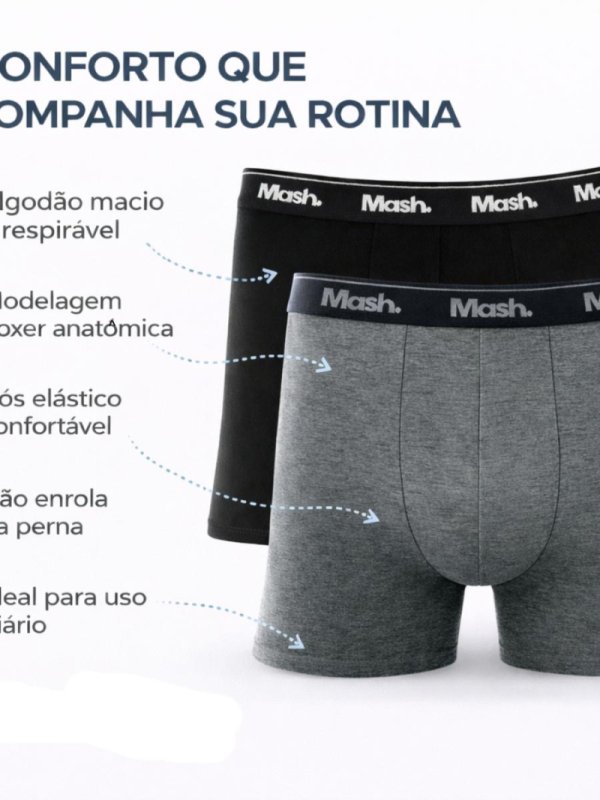Kit 2 Cuecas Boxer Mash Masculina Algodão Cotton Confortável Adulto Cós Elástico Original Macia
